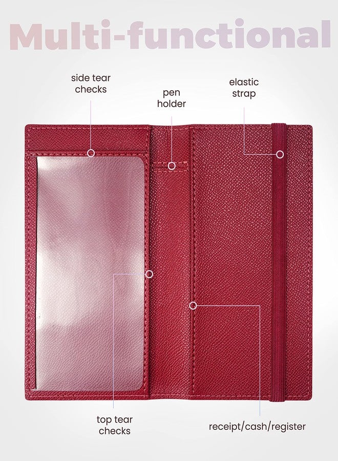 Yarnic Checkbook Cover for Personal Checkbook, Checkbook Holder with Pen Holder & Built-in Clear Plastic Divider for Duplicate Checks (Dark Red) - Image 2